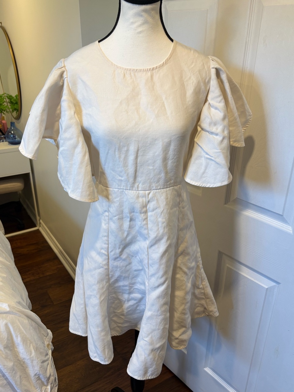 Co Ivory Italian Silk Wool Cashmere Flutter Sleeve Mini Dress Size S